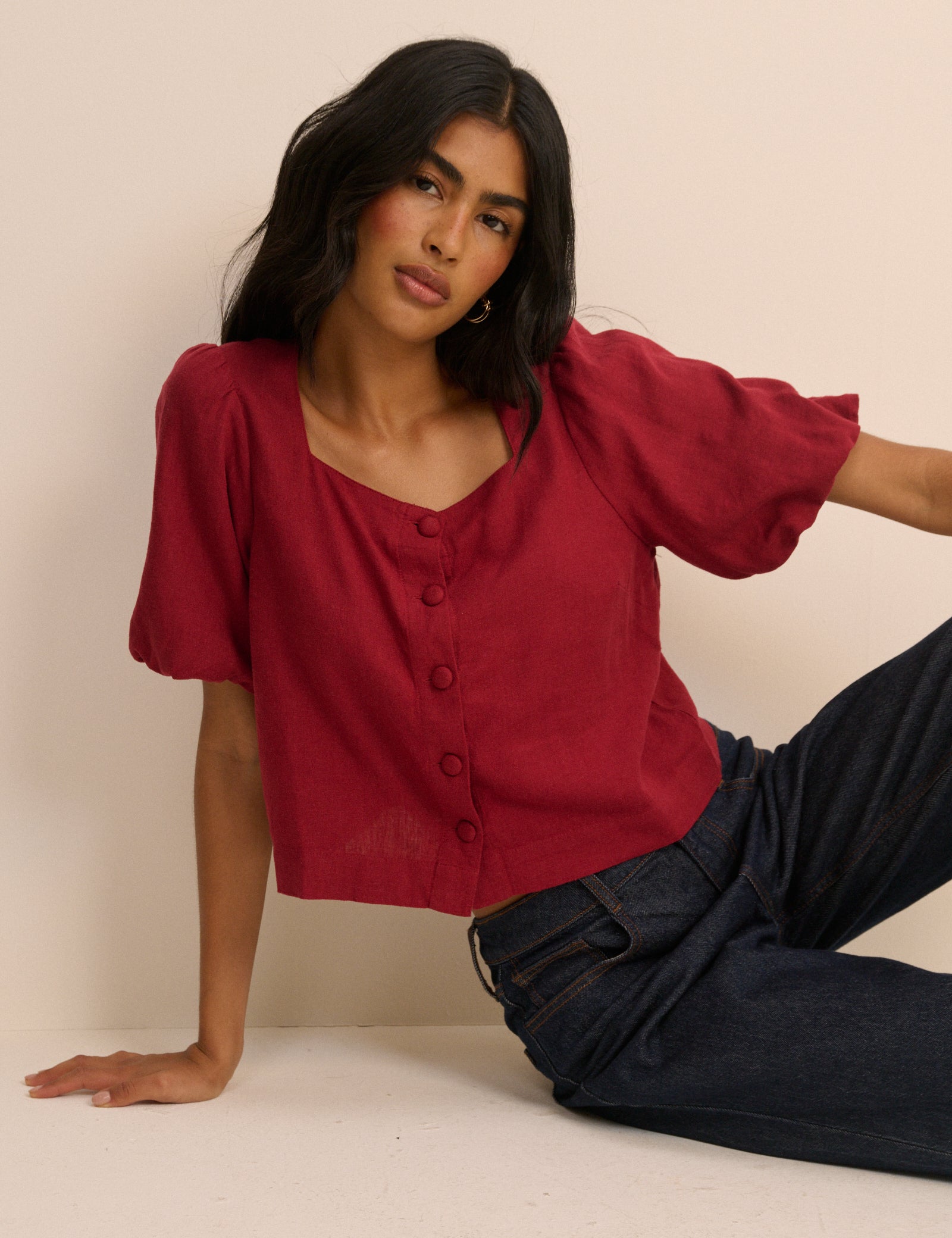 Red Linen-Blend Puff Sleeve Sammie Top