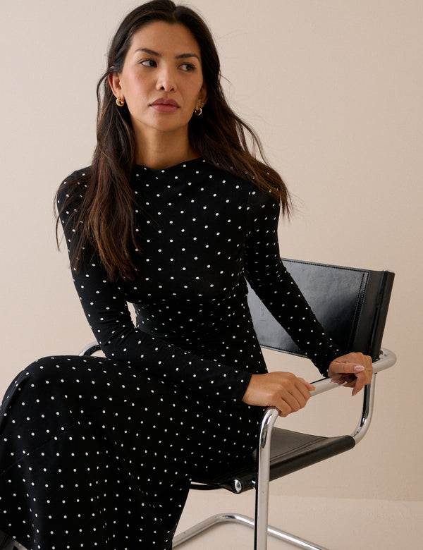 Black and White Polka Dot Jersey Midi Dress