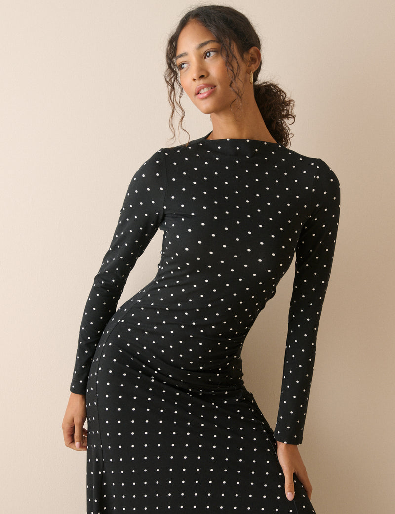 Black and White Polka Dot Jersey Midi Dress