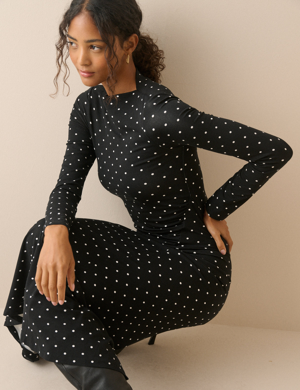 Black and White Polka Dot Jersey Midi Dress