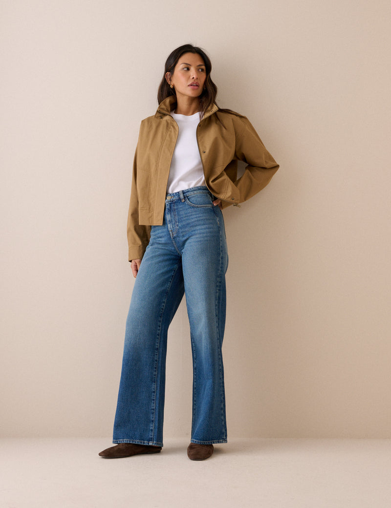 Camel Funnel Neck Trinity Bomber Jacket