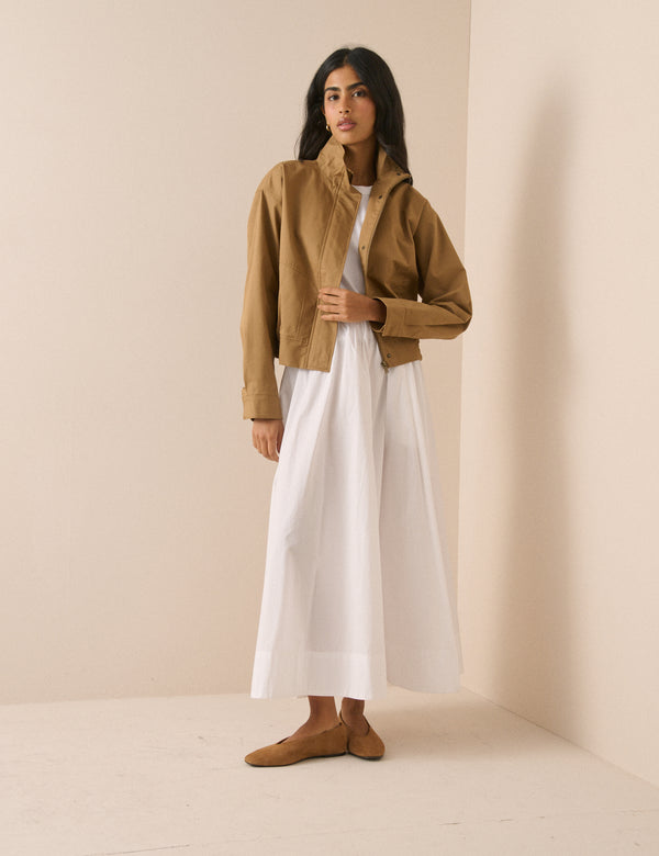 Camel Funnel Neck Trinity Bomber Jacket