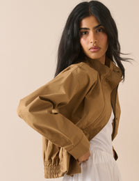 Camel Funnel Neck Trinity Bomber Jacket