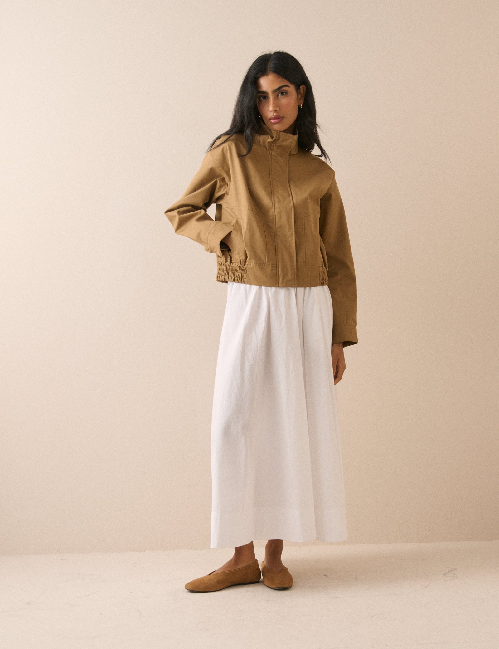 Camel Funnel Neck Trinity Bomber Jacket