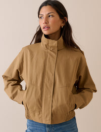 Camel Funnel Neck Trinity Bomber Jacket