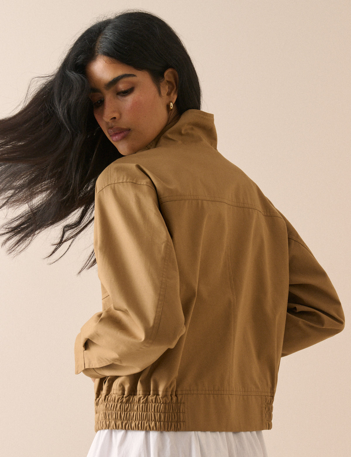 Camel Funnel Neck Trinity Bomber Jacket