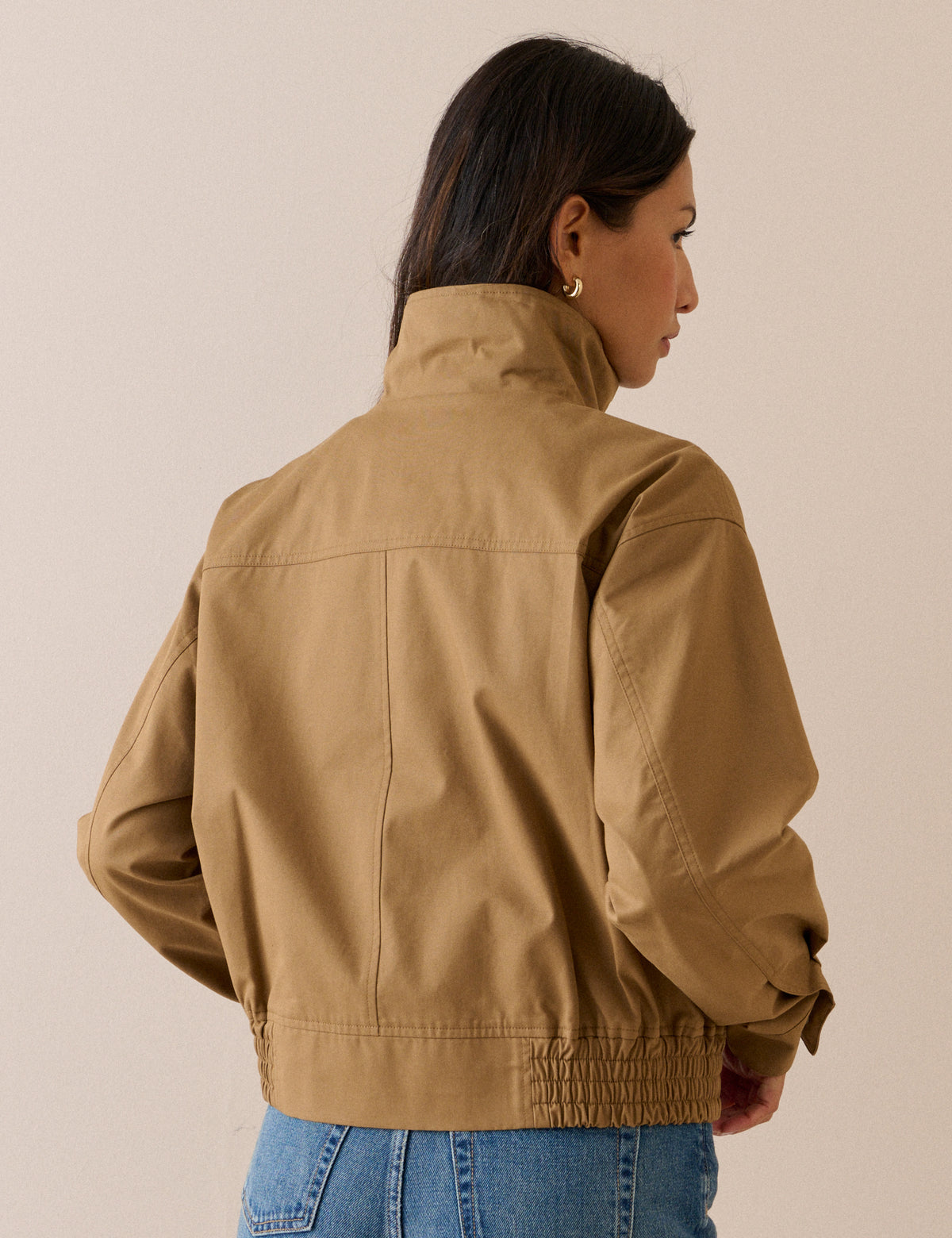 Camel Funnel Neck Trinity Bomber Jacket