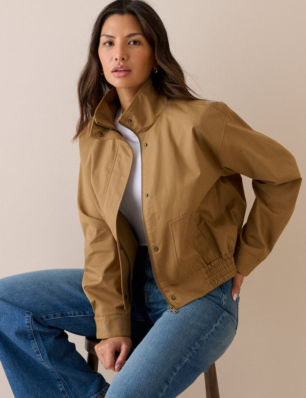 Camel Funnel Neck Trinity Bomber Jacket