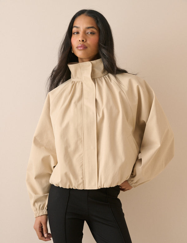 Stone funnel neck jacket with balloon sleeves