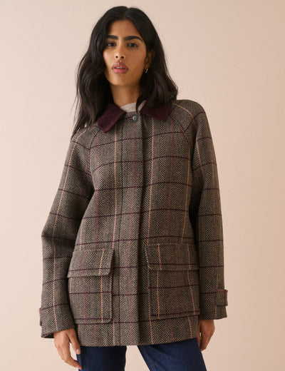 Brown Herringbone Wool-Blend Funnel Neck Coat
