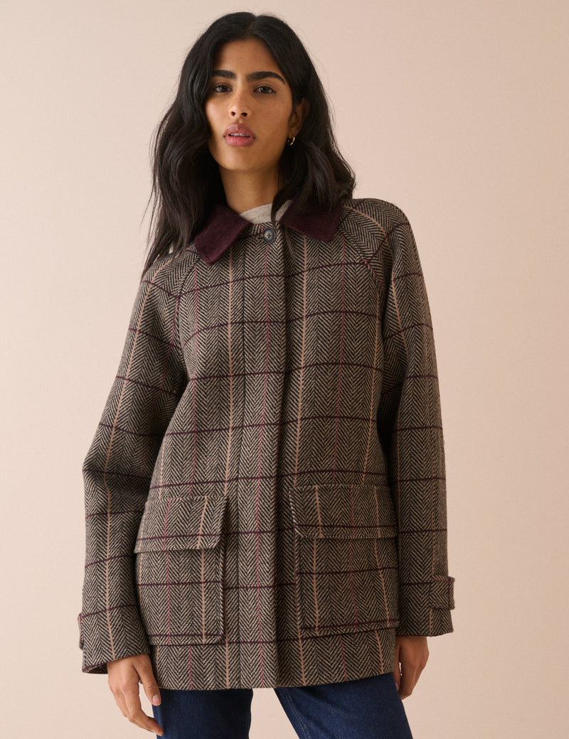 Brown Herringbone Wool-Blend Funnel Neck Coat
