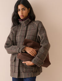 Brown Herringbone Wool-Blend Funnel Neck Coat
