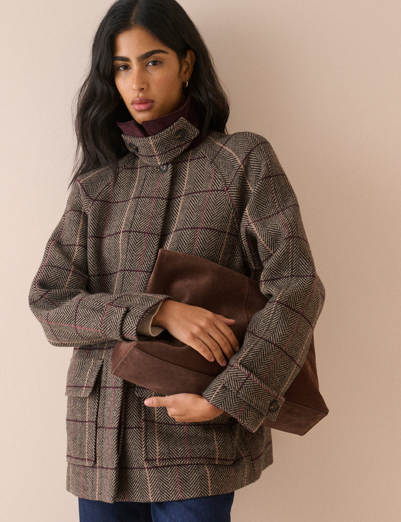 Brown Herringbone Wool-Blend Funnel Neck Coat