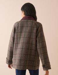 Brown Herringbone Wool-Blend Funnel Neck Coat