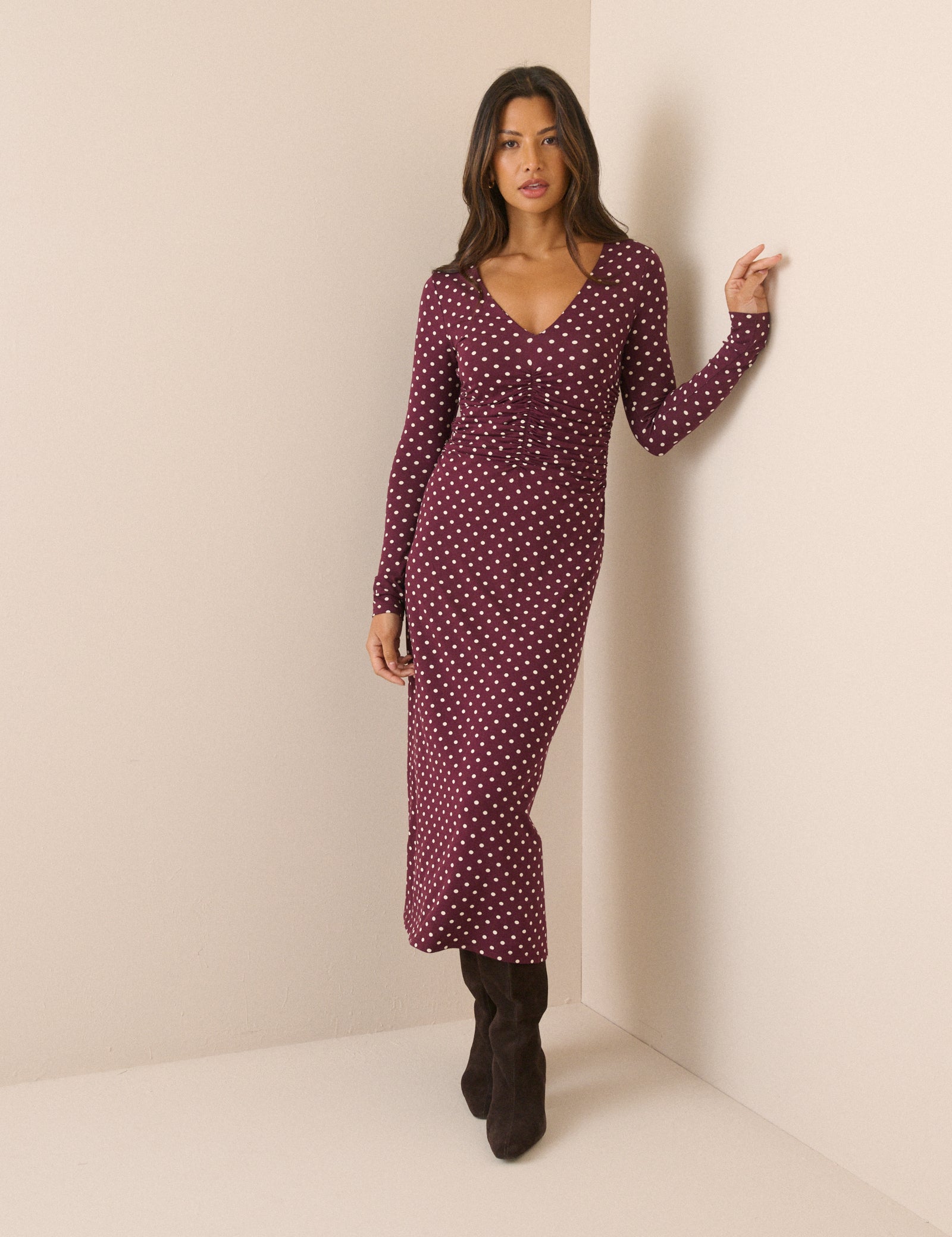Purple Polka Dot Jersey Jennifer Midi Dress