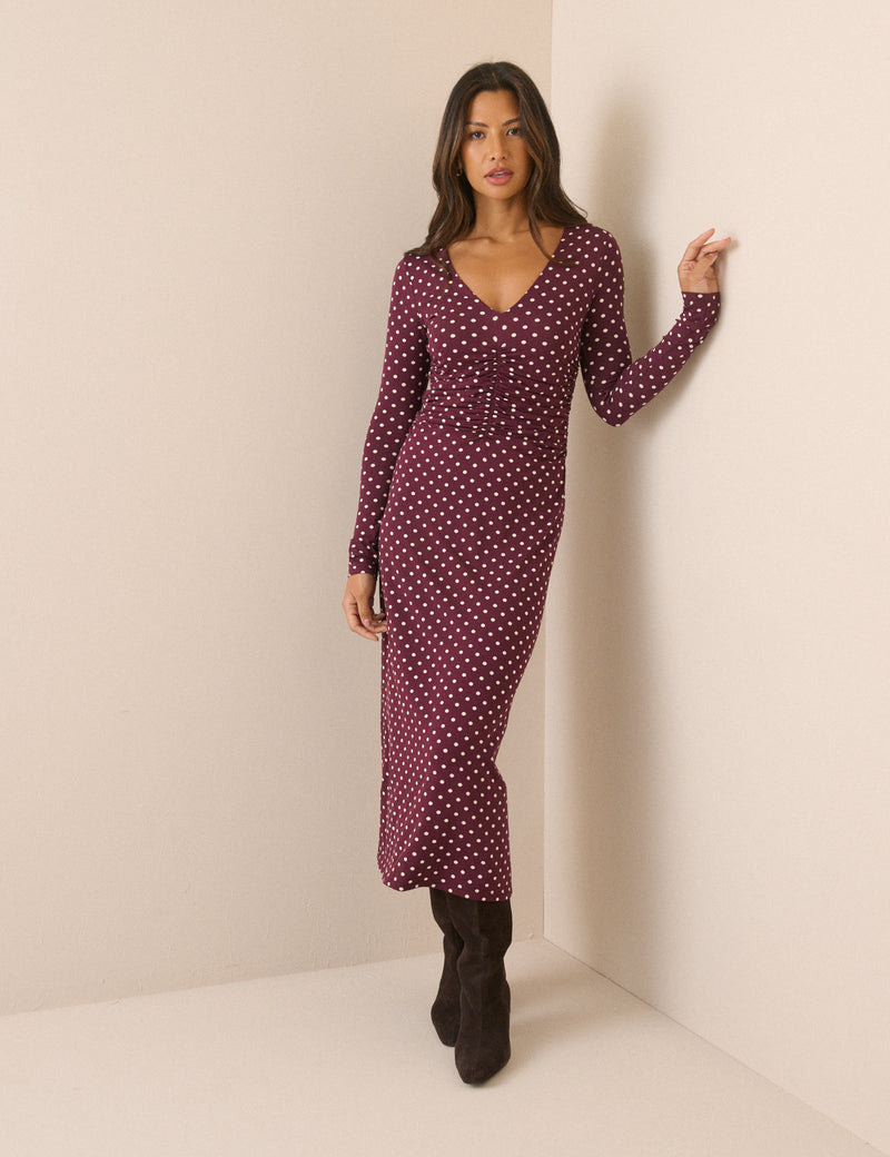 Purple Polka Dot Jersey Jennifer Midi Dress