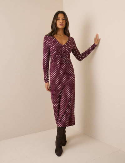 Purple Polka Dot Jersey Jennifer Midi Dress