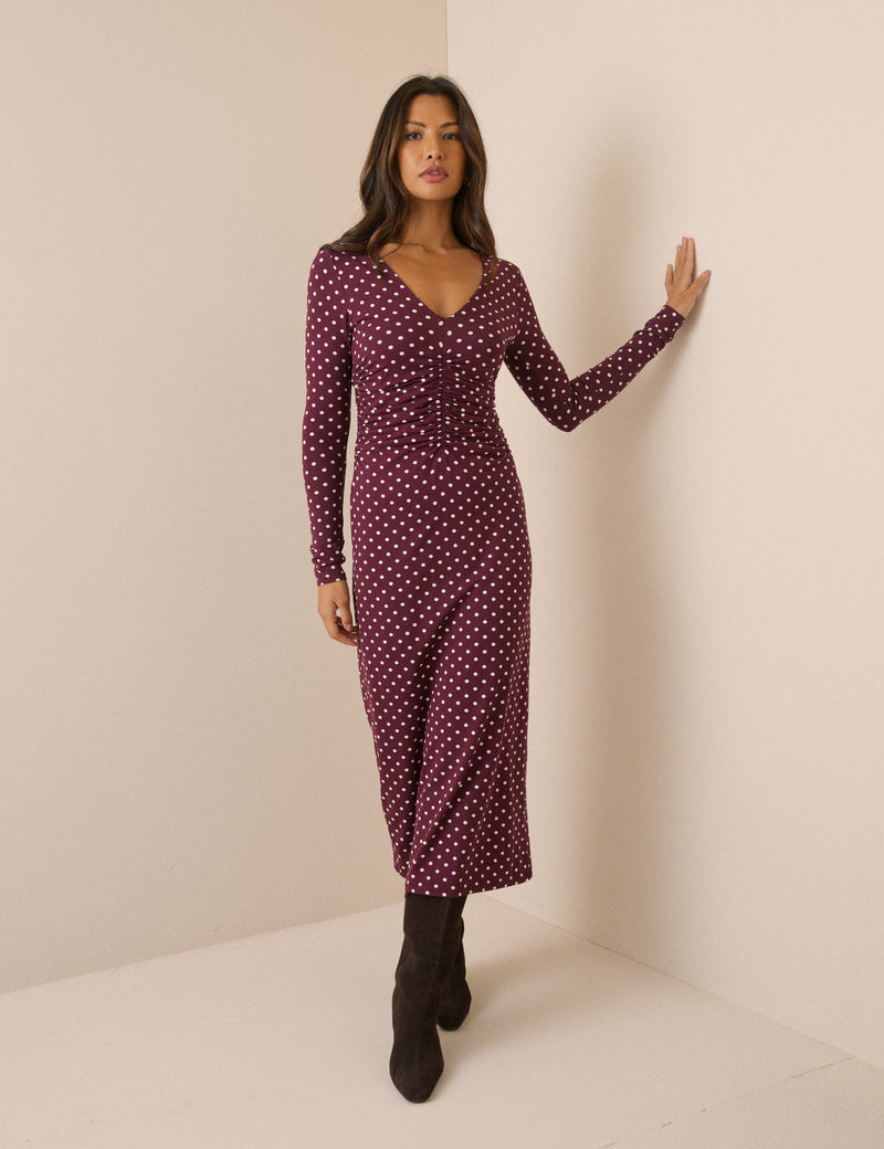 Purple Polka Dot Jersey Jennifer Midi Dress