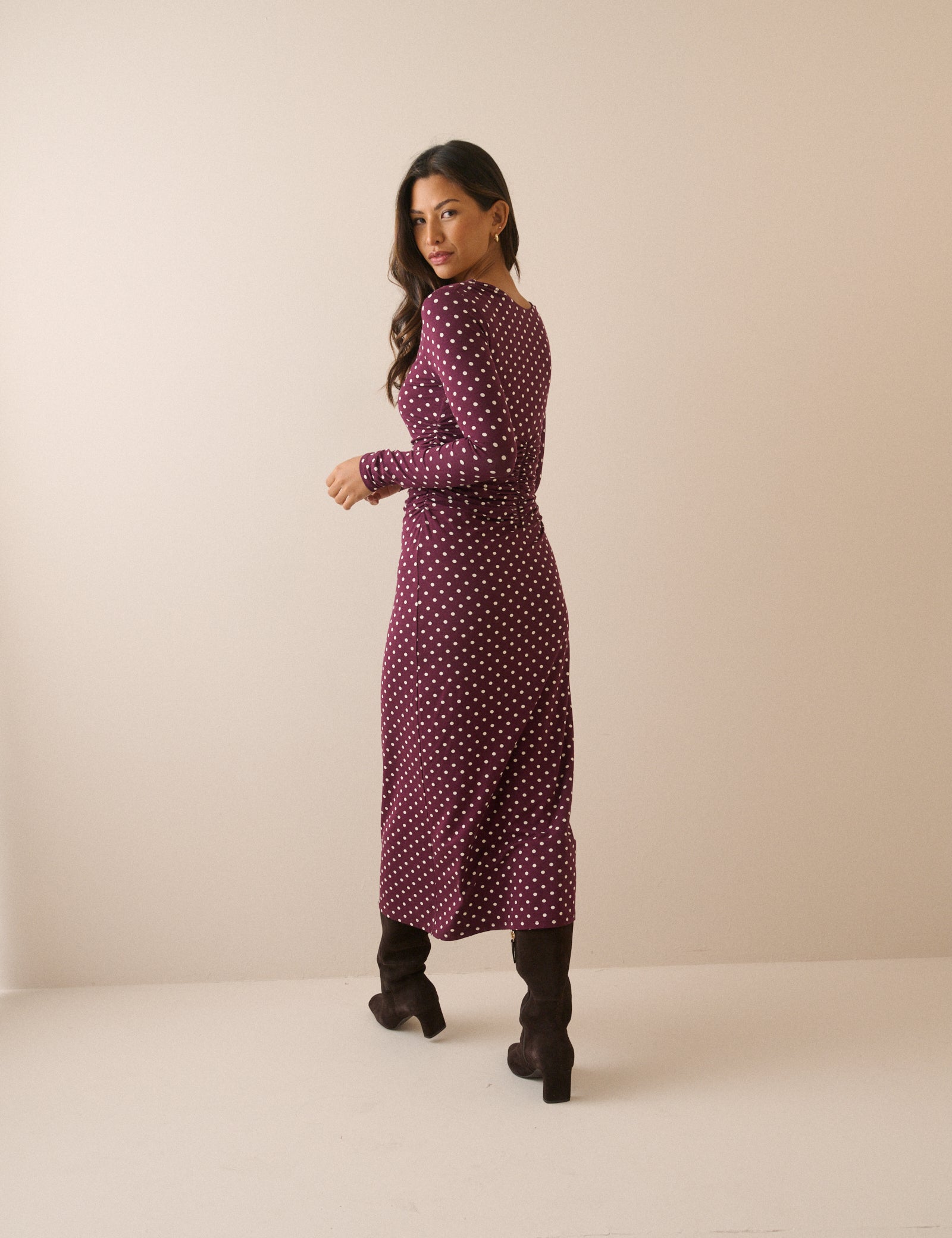 Purple Polka Dot Jersey Jennifer Midi Dress