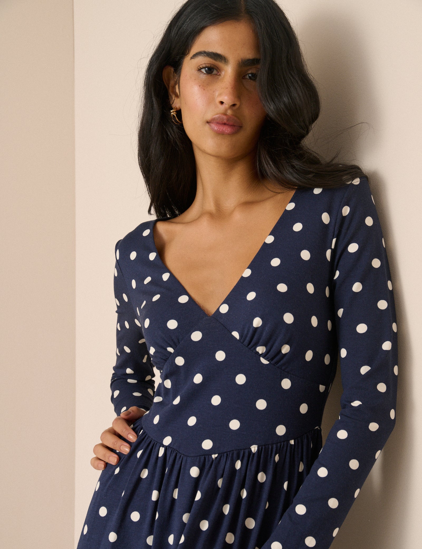 Navy Polka Dot Jersey Addison Midi Dress
