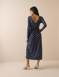 Navy Polka Dot Jersey Addison Midi Dress