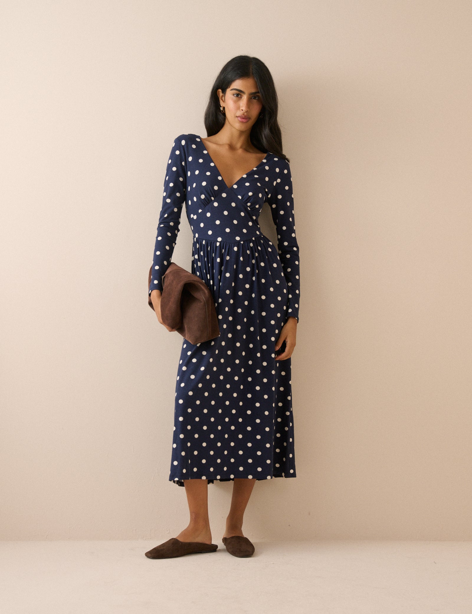 Navy Polka Dot Jersey Addison Midi Dress