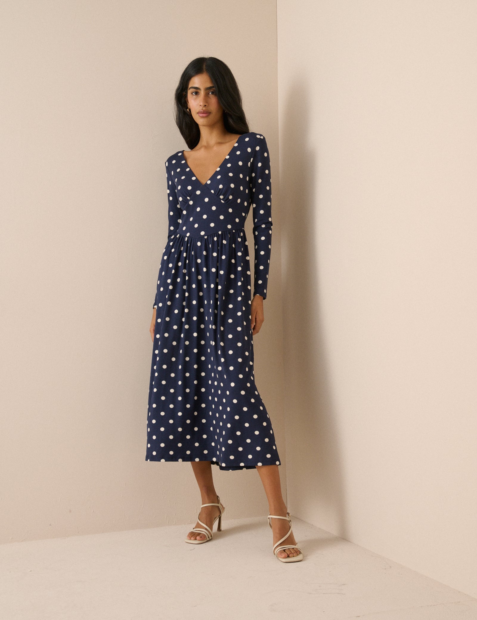 Navy Polka Dot Jersey Addison Midi Dress