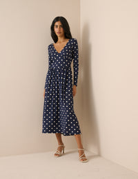 Navy Polka Dot Jersey Addison Midi Dress