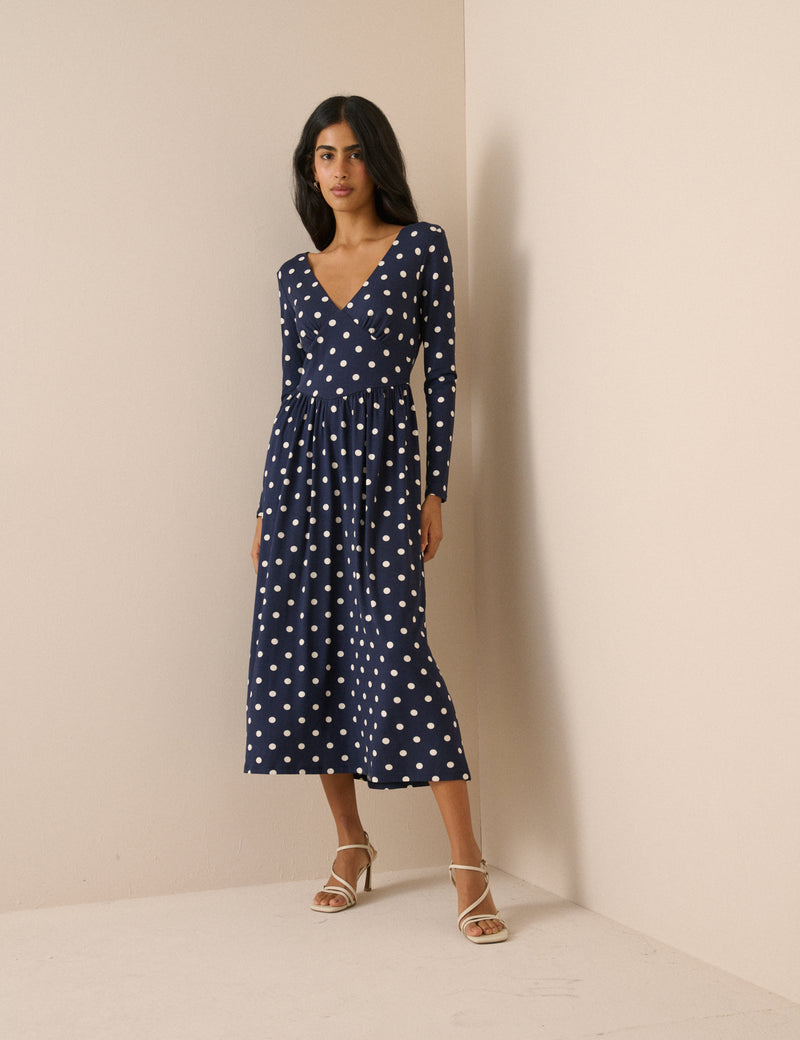 Navy Polka Dot Jersey Addison Midi Dress