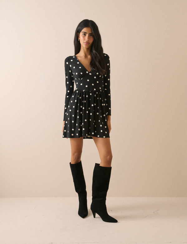 Black Polka Dot Jersey Long Sleeve Addison Midi Dress