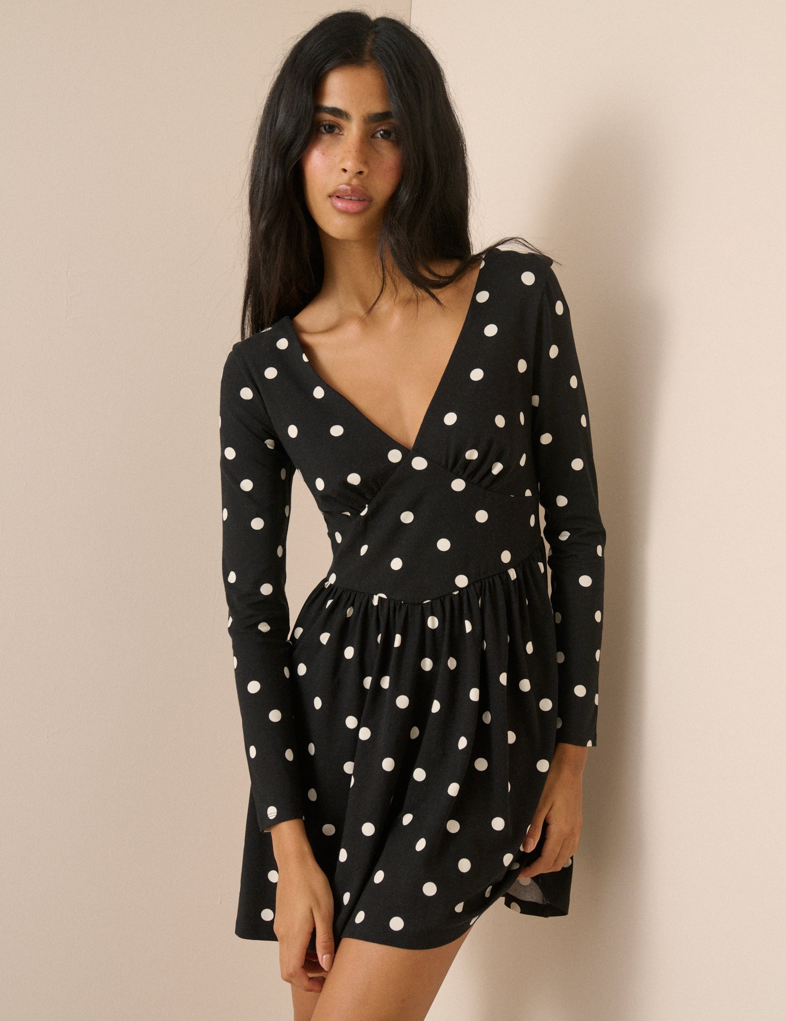 Black Polka Dot Jersey Long Sleeve Addison Midi Dress