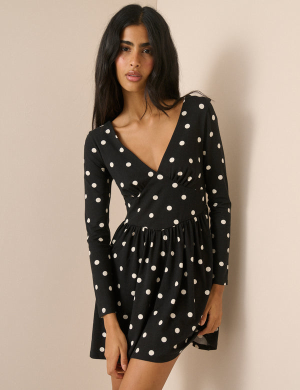 Black Polka Dot Jersey Long Sleeve Addison Midi Dress