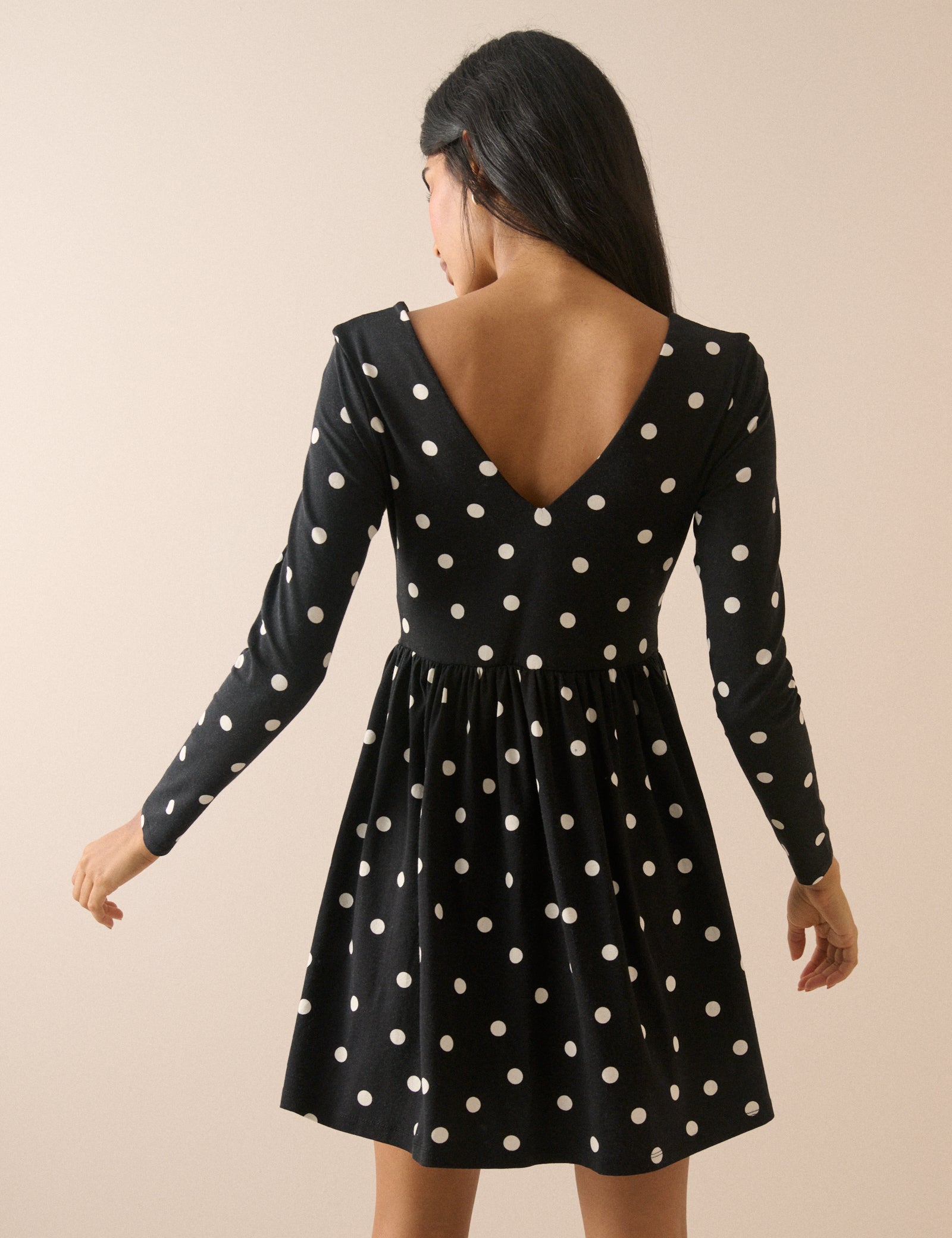 Black Polka Dot Jersey Long Sleeve Addison Midi Dress