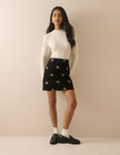 Black Floral Embroidered Cord Mini Skirt
