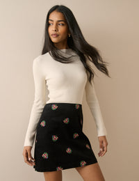 Black Floral Embroidered Cord Mini Skirt