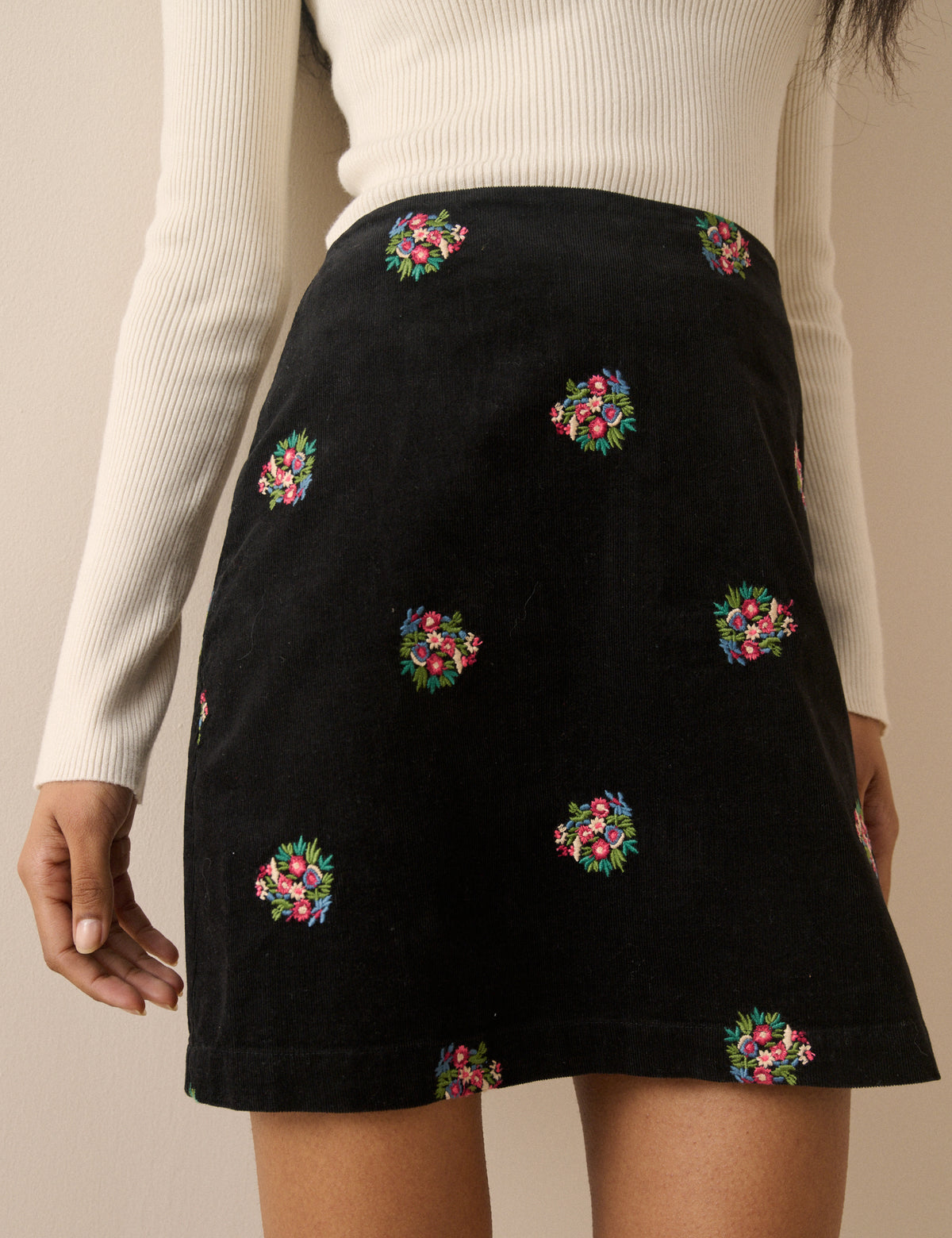 Black Floral Embroidered Cord Mini Skirt