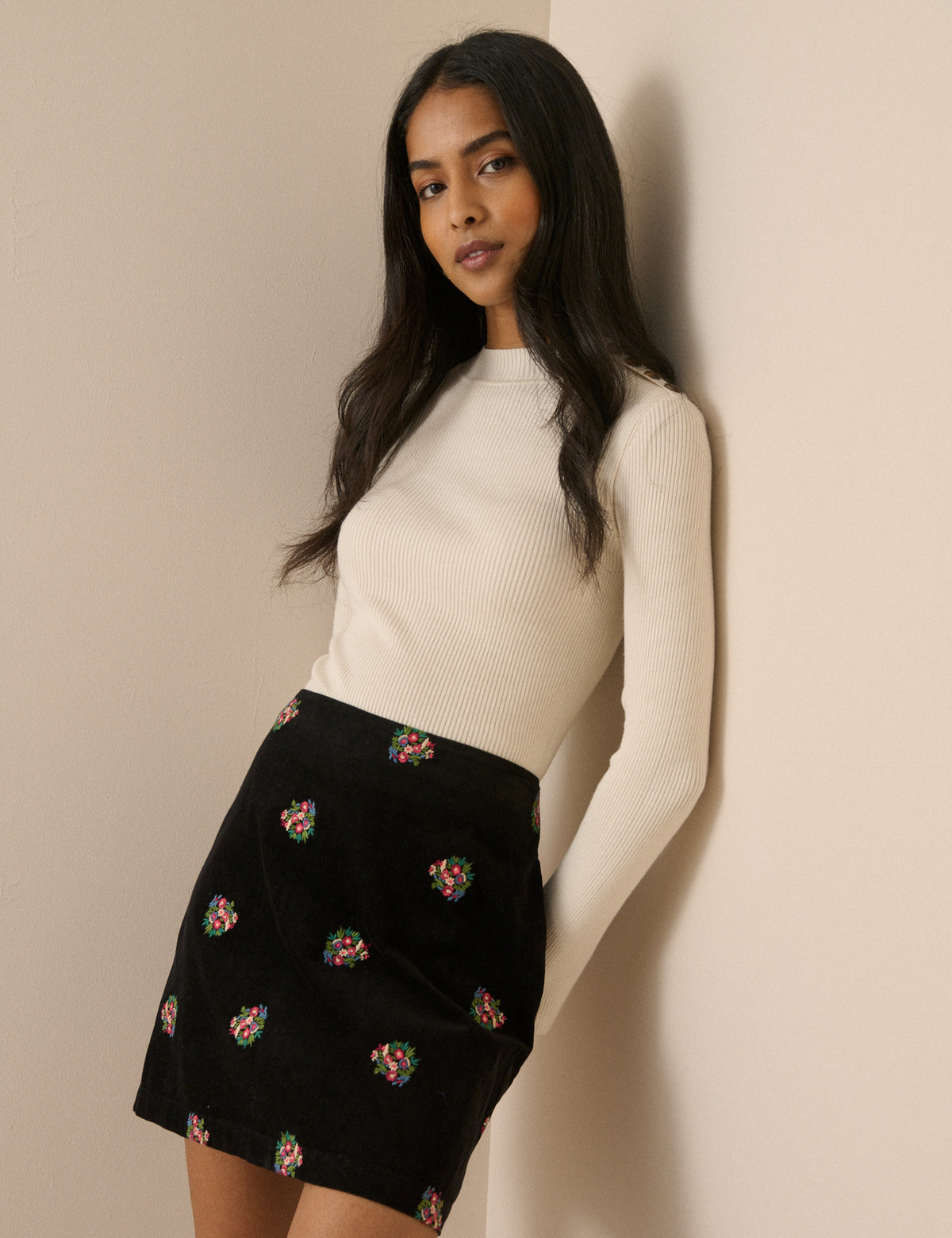 Black Floral Embroidered Cord Mini Skirt