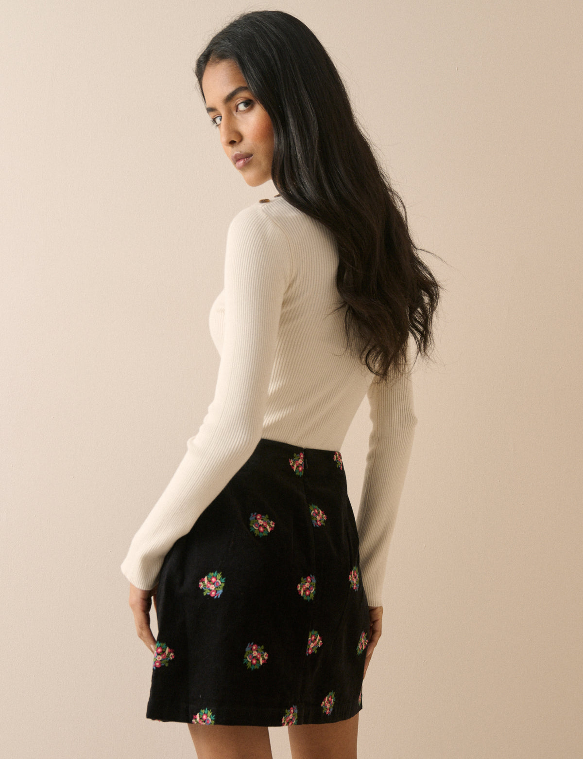 Black Floral Embroidered Cord Mini Skirt