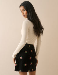 Black Floral Embroidered Cord Mini Skirt