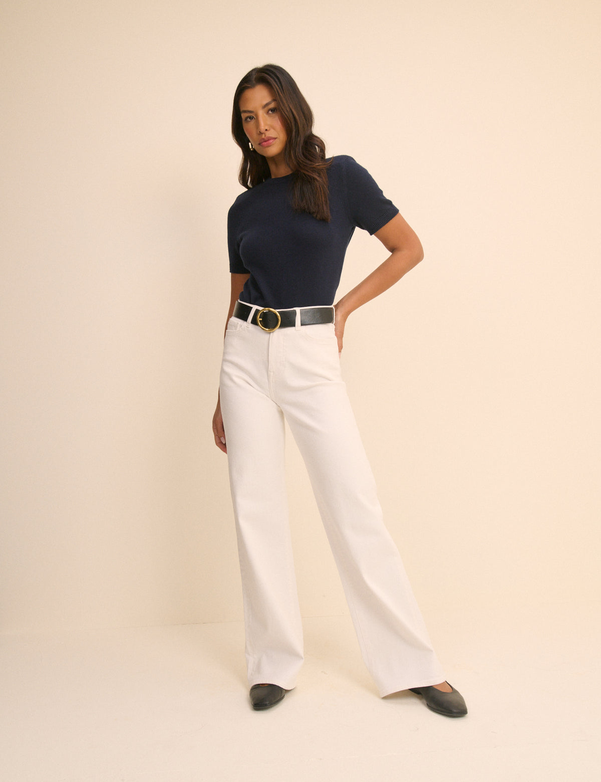 Navy Shoulder Pad Knitted T-Shirt