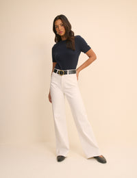 Navy Shoulder Pad Knitted T-Shirt