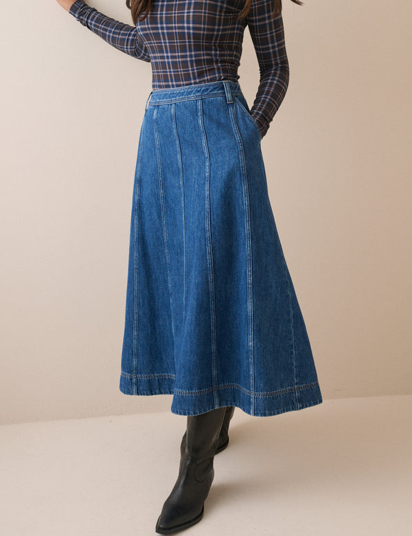 Mid Wash Panelled Denim Midi Skirt