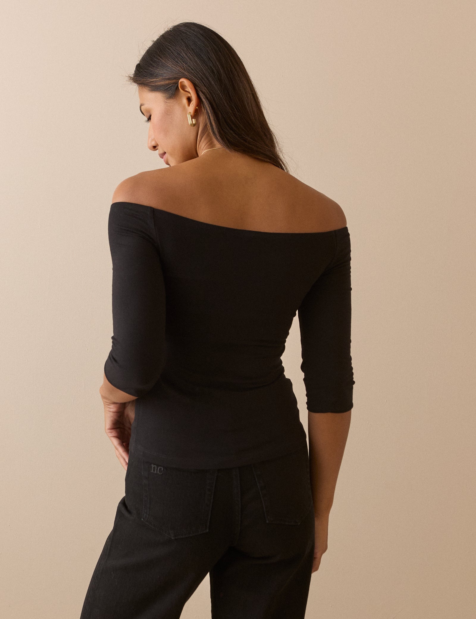 Black Jersey Off Shoulder Half Sleeve Bardot Top