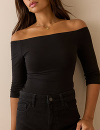 Black Jersey Off Shoulder Half Sleeve Bardot Top