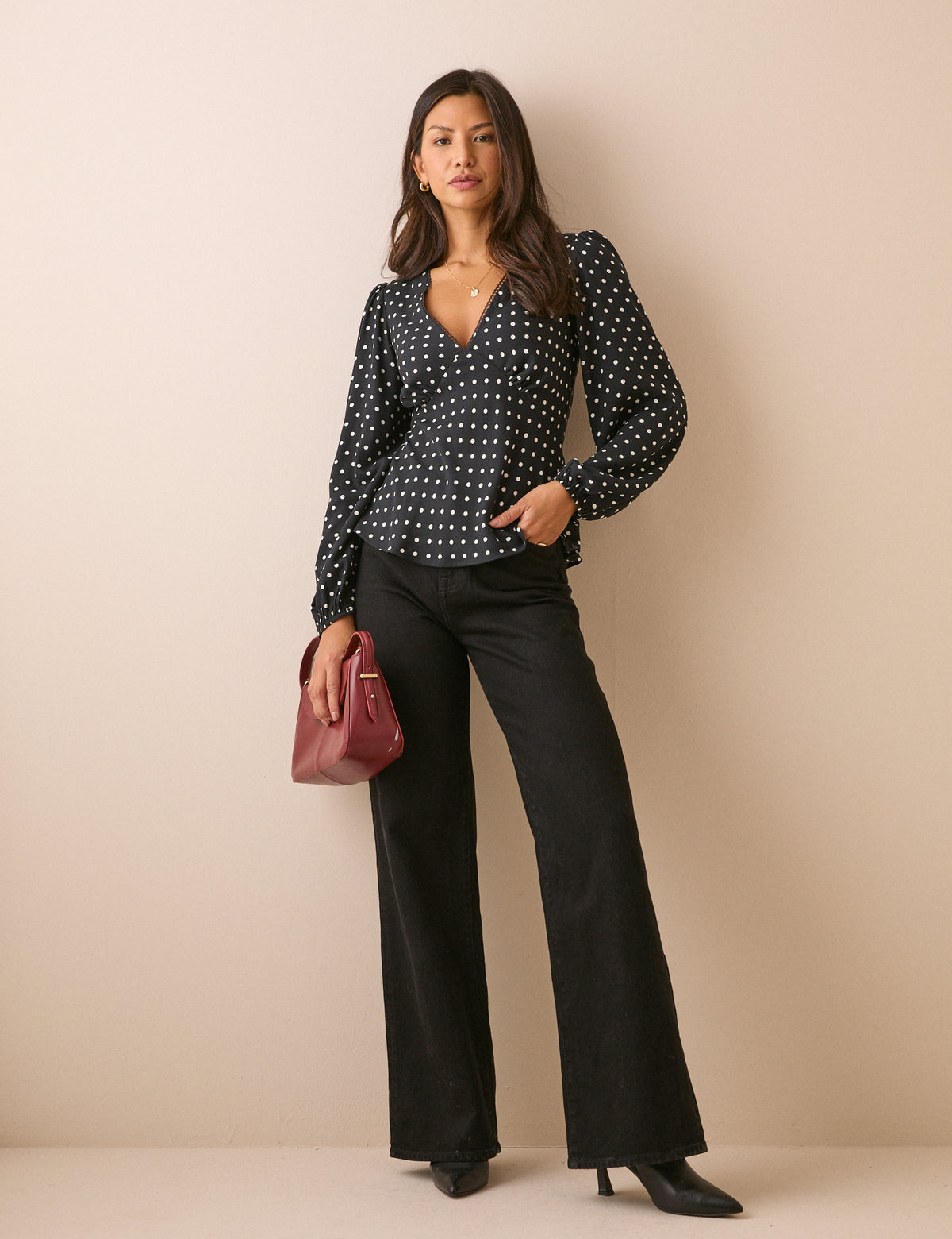 Black Polka Dot Blouson Sleeve Top