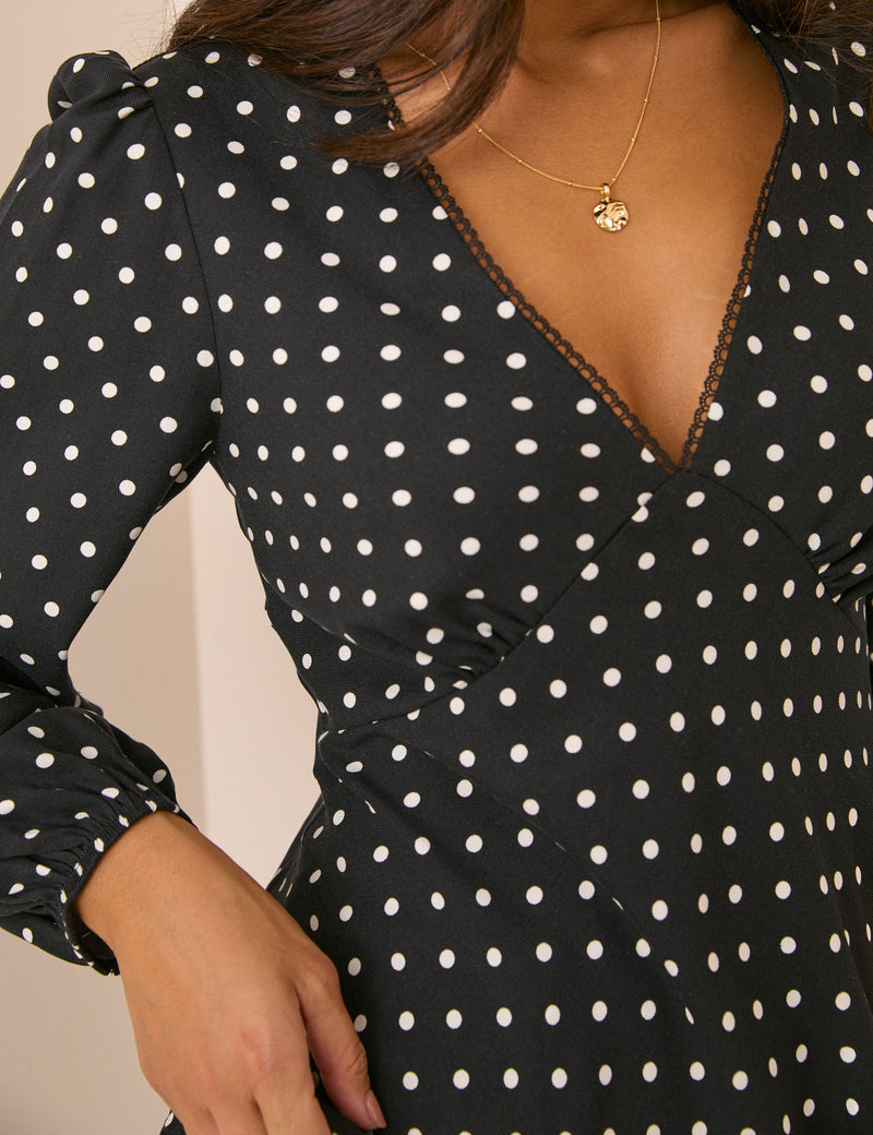 Black Polka Dot Blouson Sleeve Top