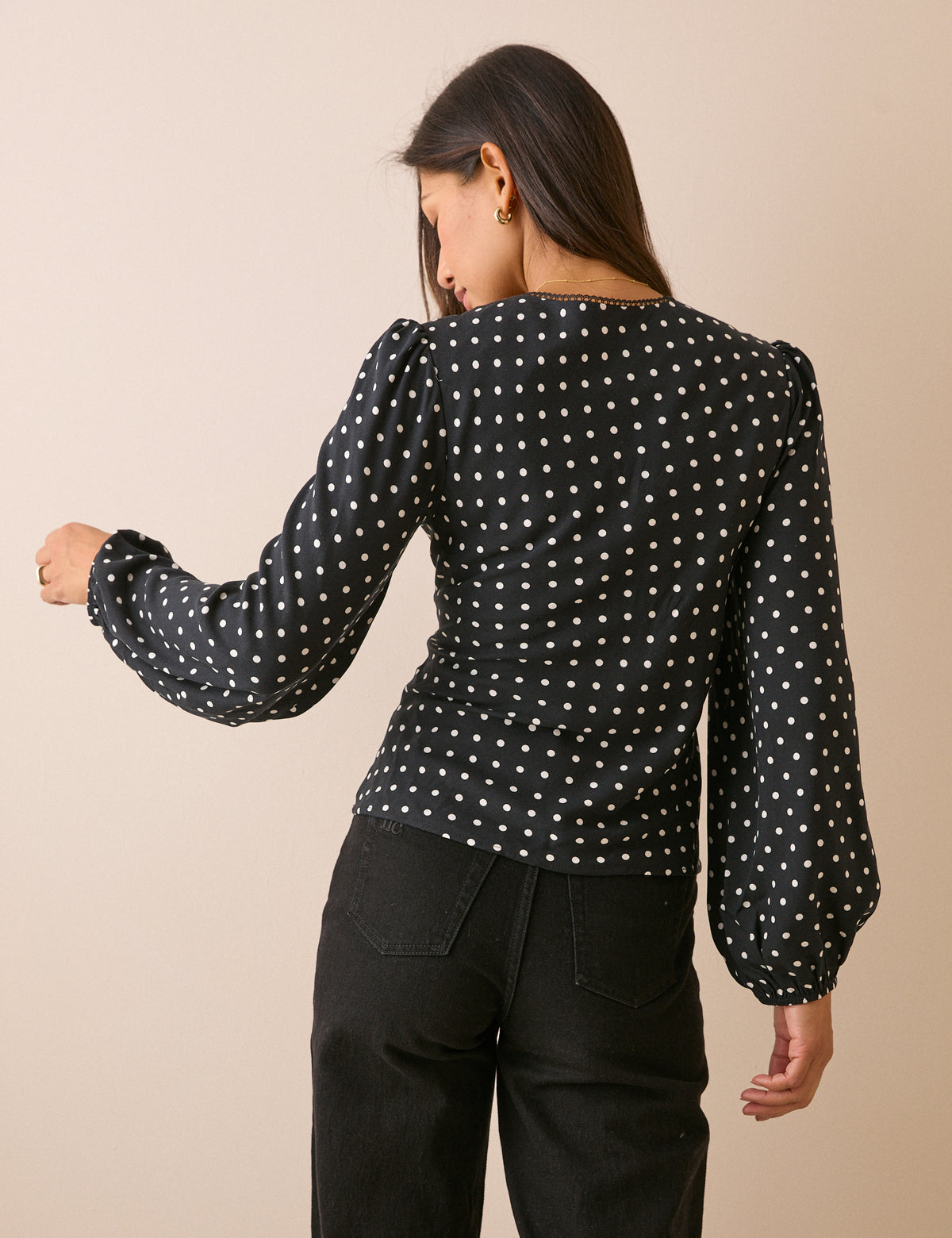 Black Polka Dot Blouson Sleeve Top