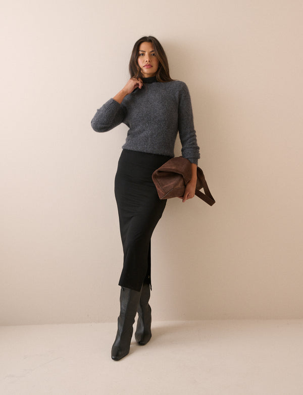Black Jersey Fitted Midi Skirt