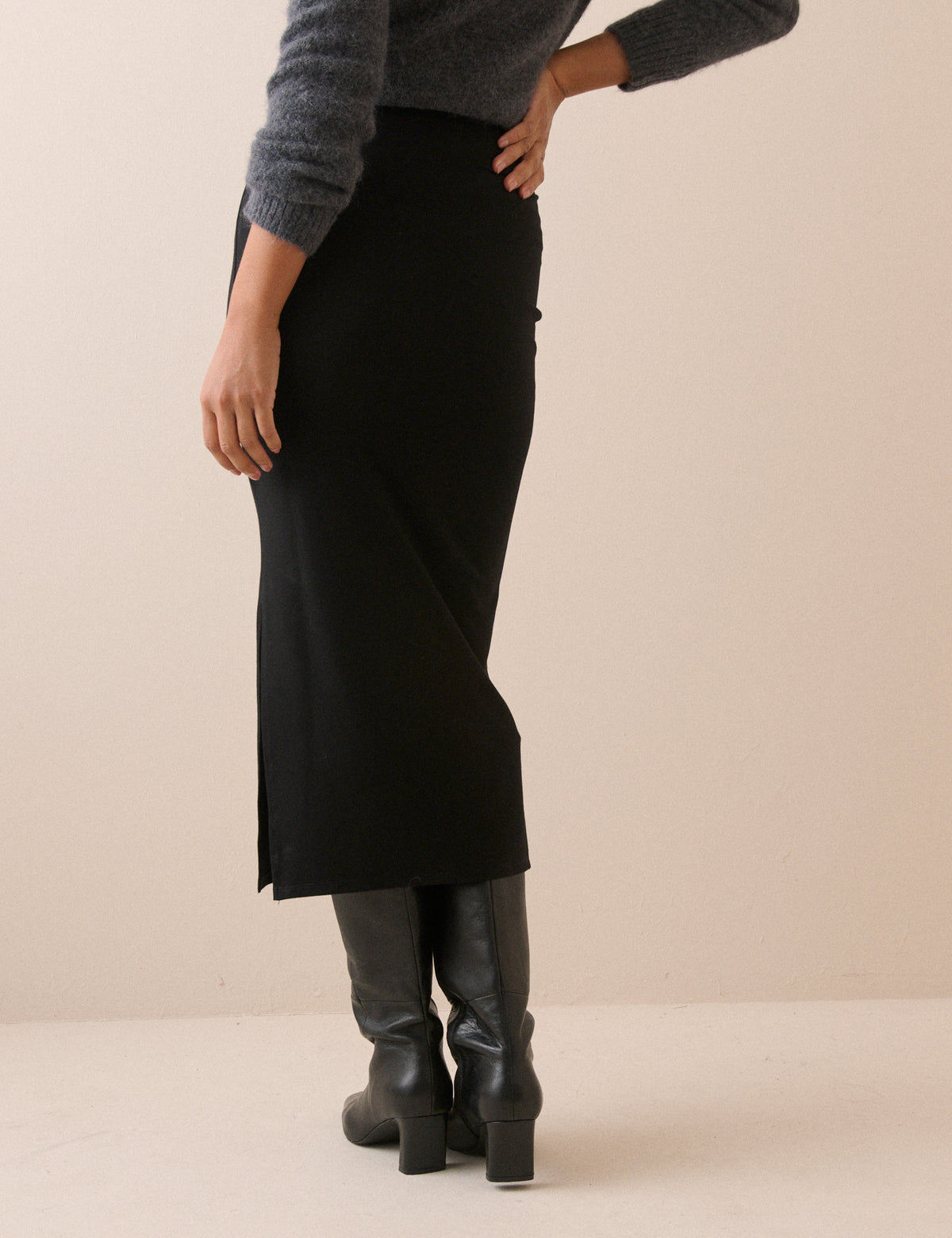 Black Jersey Fitted Midi Skirt