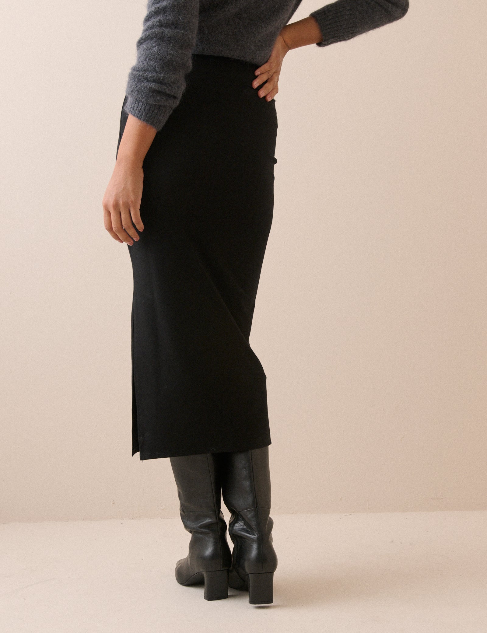 Black Jersey Fitted Midi Skirt